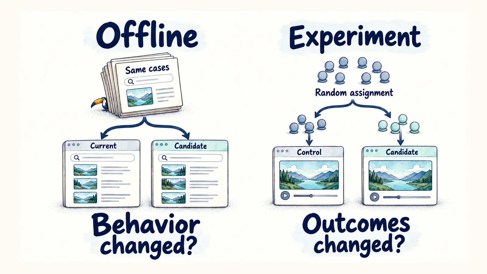 Offline evaluation sends the same stored cases to current and candidate versions; a user experiment randomly assigns different viewers to control or candidate experiences.