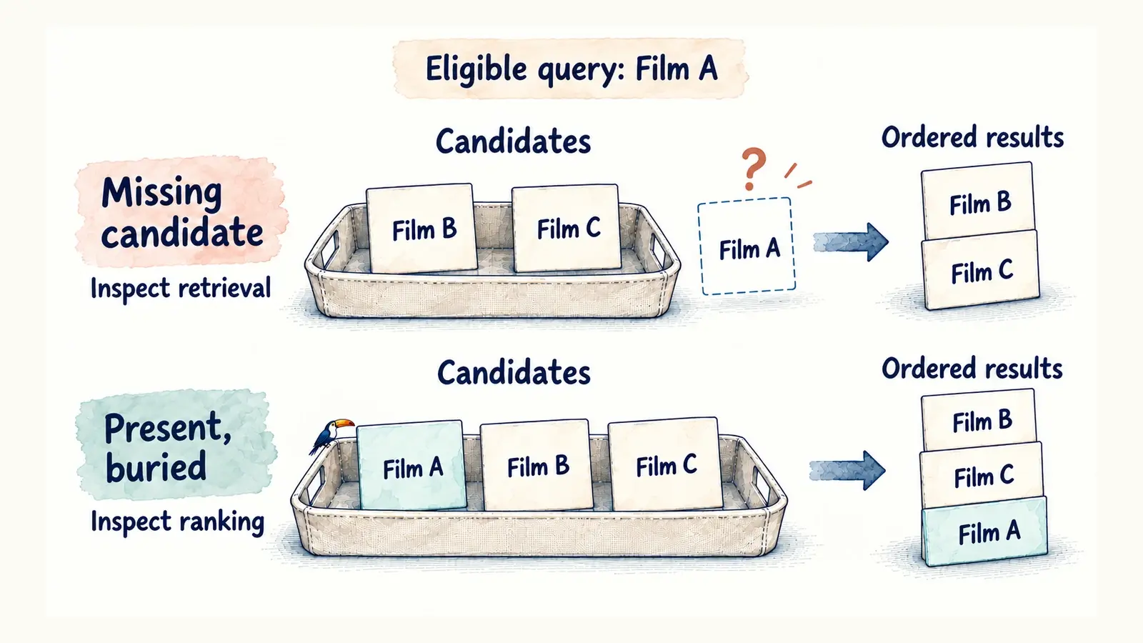 Two exact-title cases compare a title absent from the candidate set with one retrieved but ranked below other results.