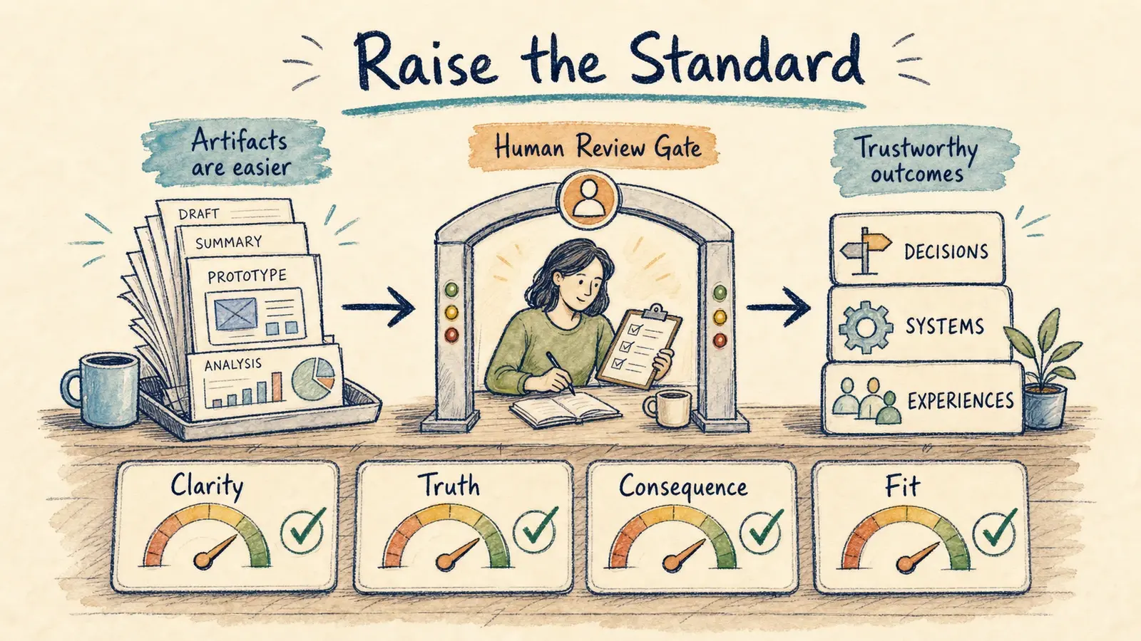 A hand-drawn review gate turning AI-generated artifacts into trustworthy decisions, systems, and experiences with checks for clarity, truth, consequence, and fit.