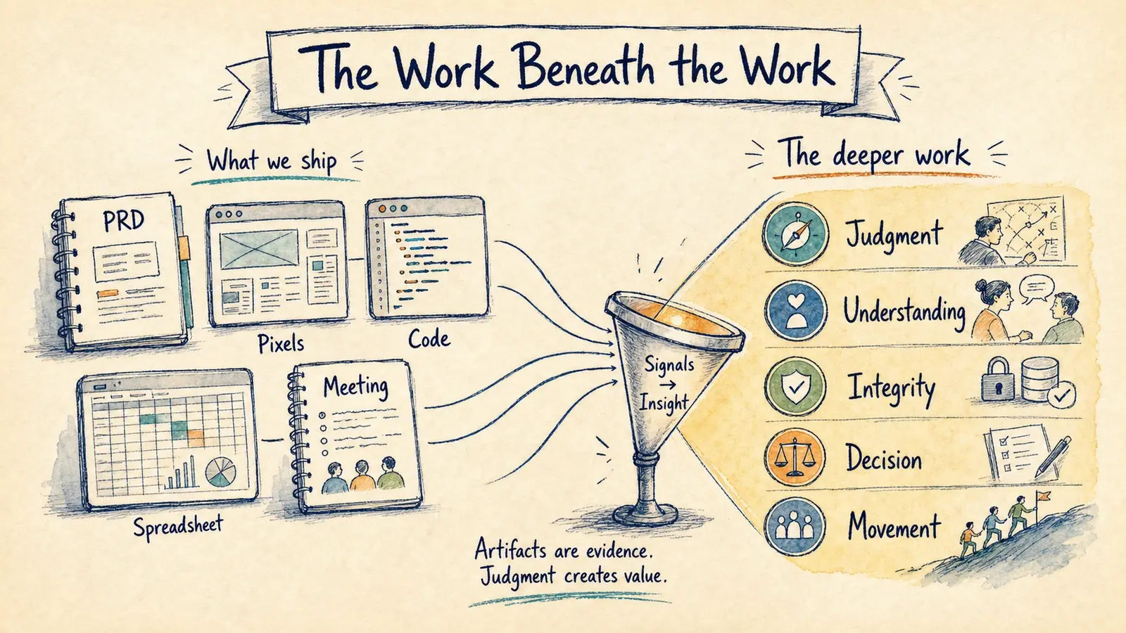 A hand-drawn field-notes infographic showing visible artifacts like PRDs, pixels, code, spreadsheets, and meetings flowing into deeper judgment work.