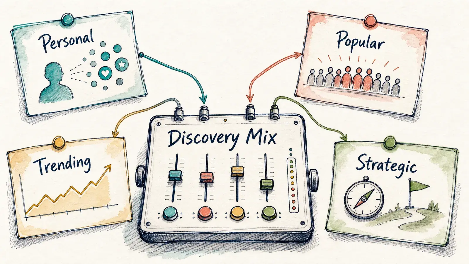 A hand-drawn discovery mix board combining personal, popular, trending, and strategic signals.