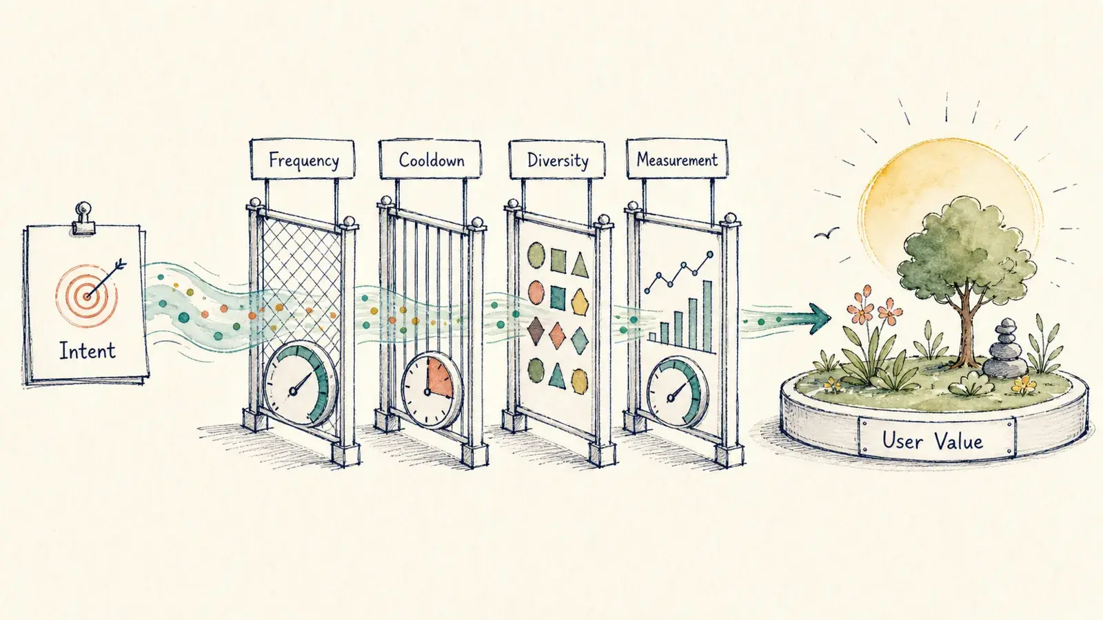 A hand-drawn set of promotion guardrails for frequency, cooldown, diversity, and measurement leading toward user value.