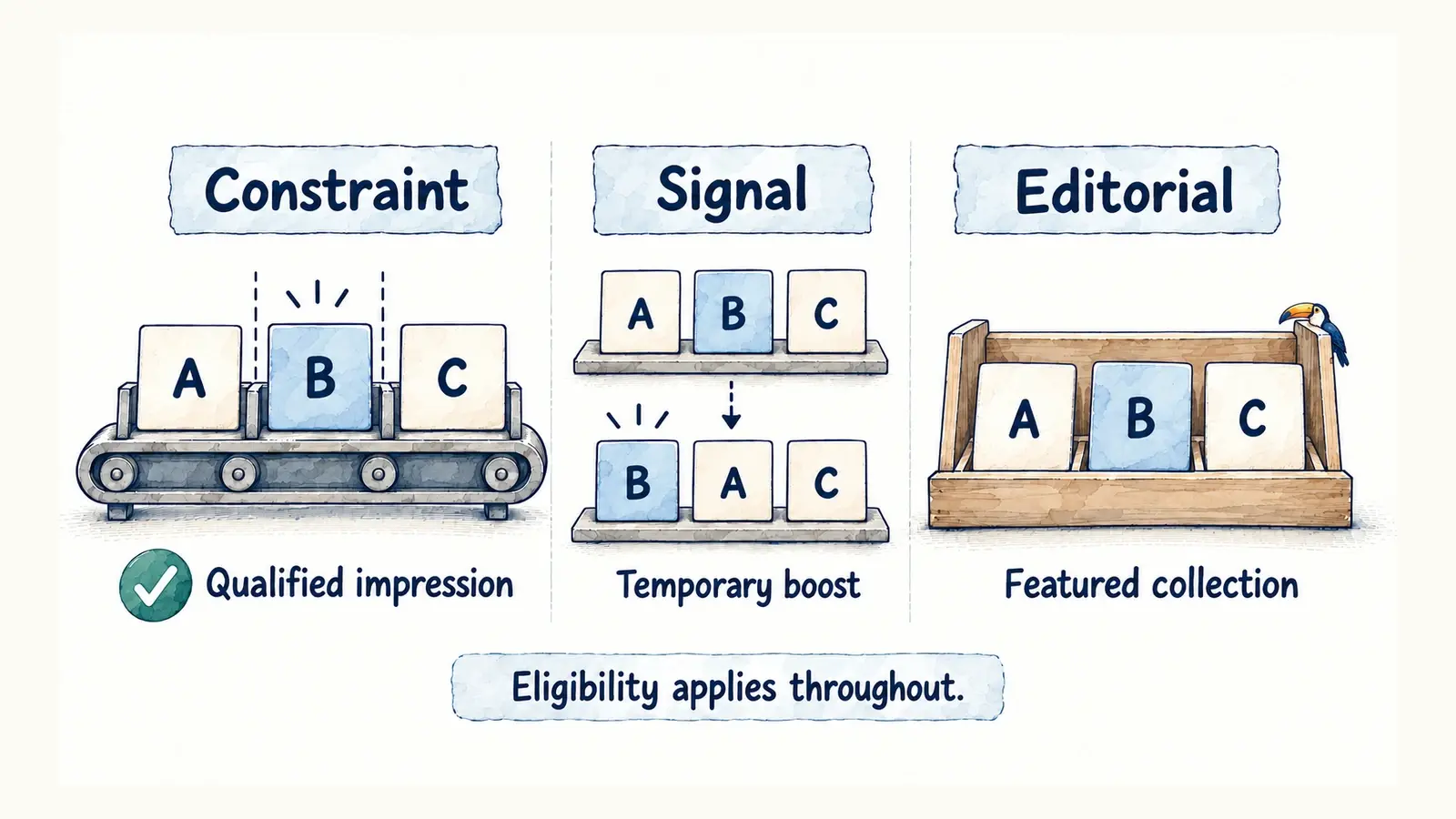 The same title appears under three kinds of promotional authority: a qualified-impression constraint, temporary ranking boost and editorial collection.