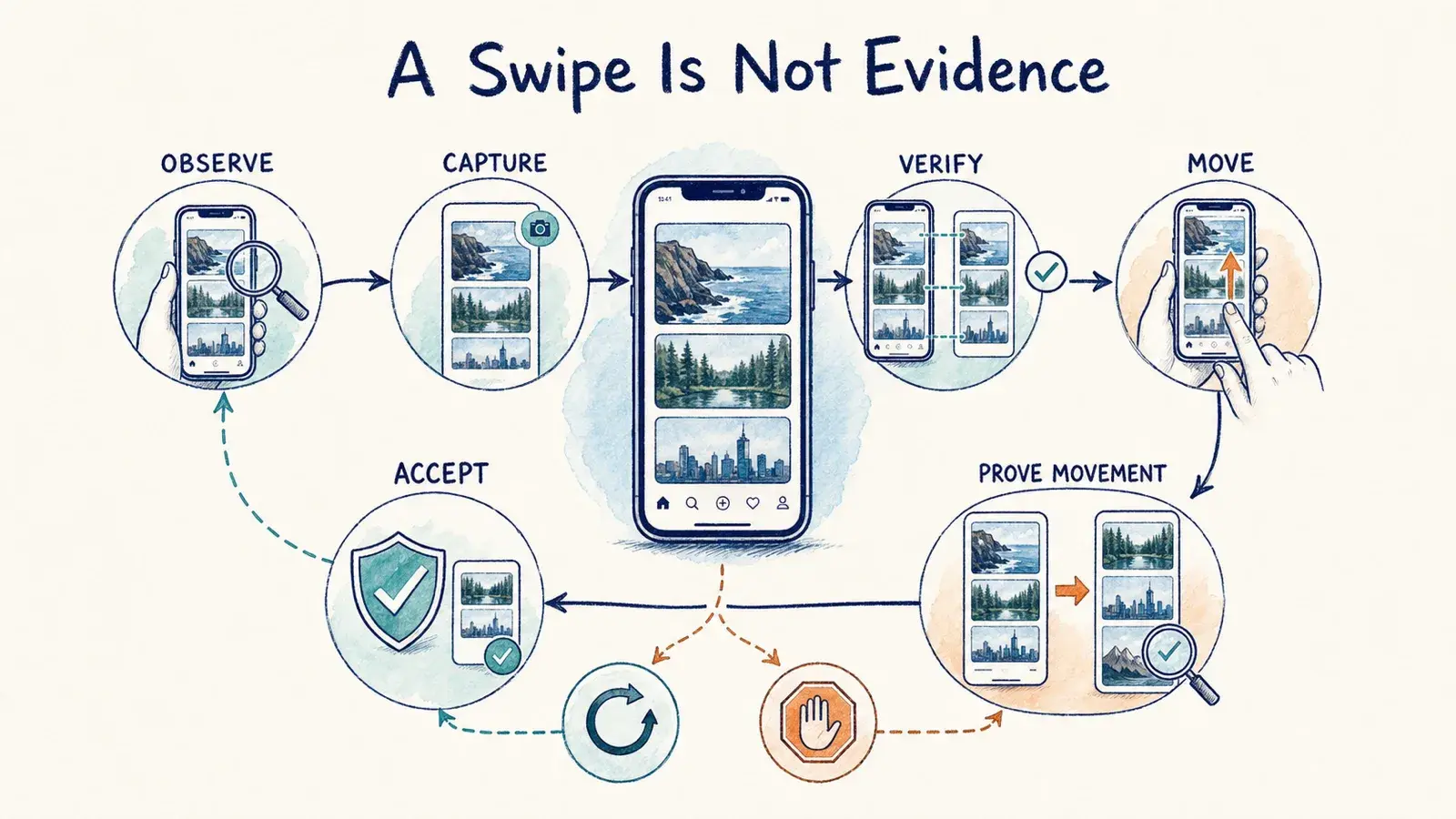 A hand-drawn state-transition loop showing a phone worker observe, capture, verify, move, prove movement, and accept, with retry or stop when the transition is uncertain.