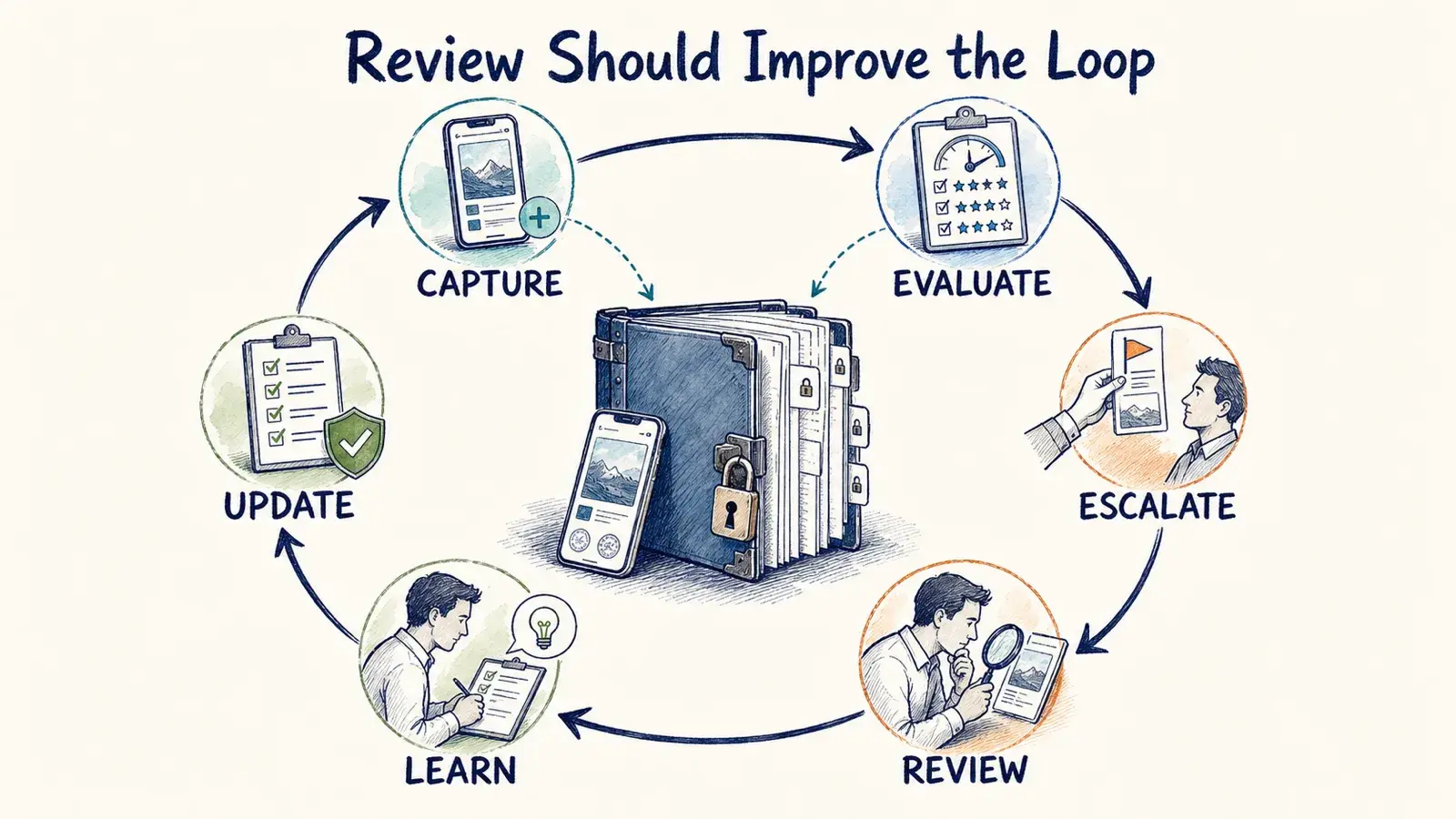 A hand-drawn feedback loop moving from capture through evaluation, escalation, human review, learning, and updated rules while preserving an evidence ledger.