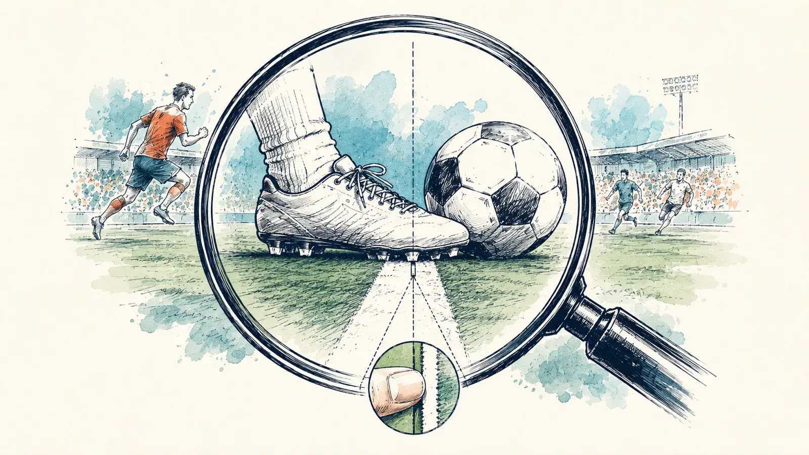 A hand-drawn soccer scene with a magnifying glass zooming into a player's boot and ball on the offside line.