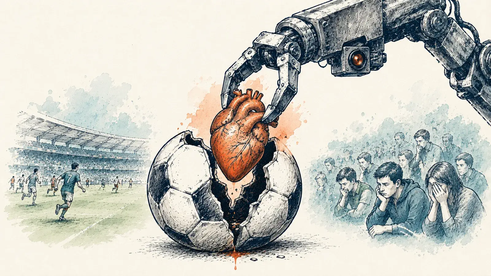 A hand-drawn mechanical review arm pulling a heart from a cracked soccer ball while the crowd watches in disappointment.