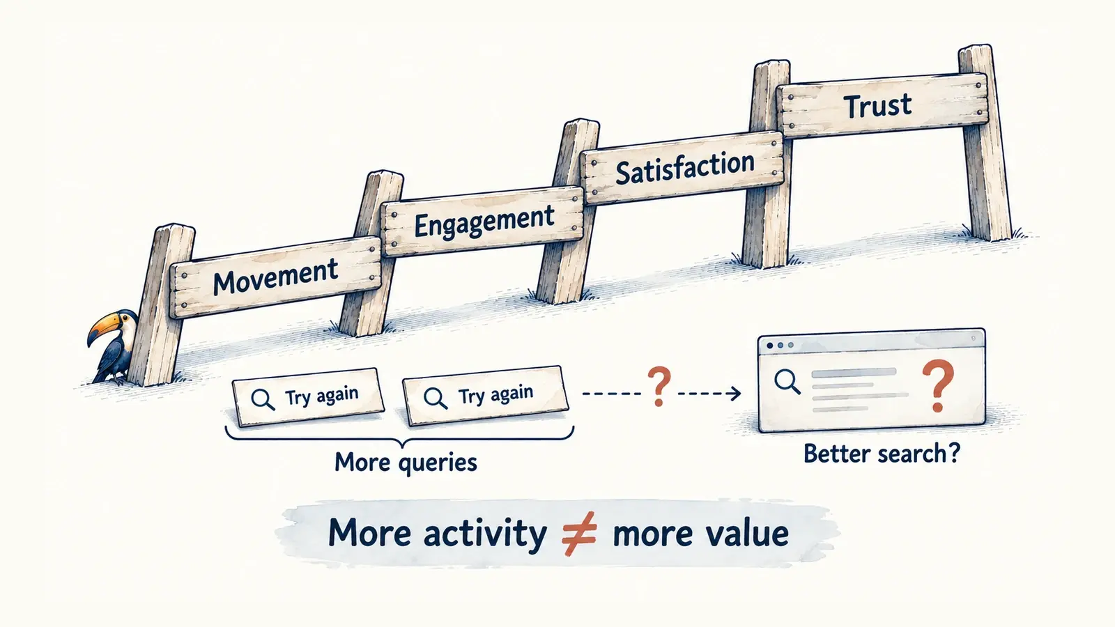 Four metric rungs rise from movement to trust; repeated queries raise a question about whether search improved.