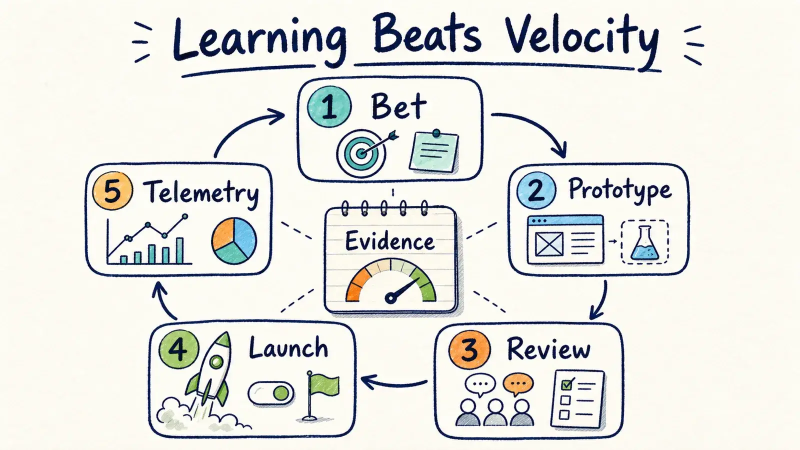 A hand-drawn weekly learning loop moving from bet to prototype, review, launch, and telemetry around an evidence gauge.