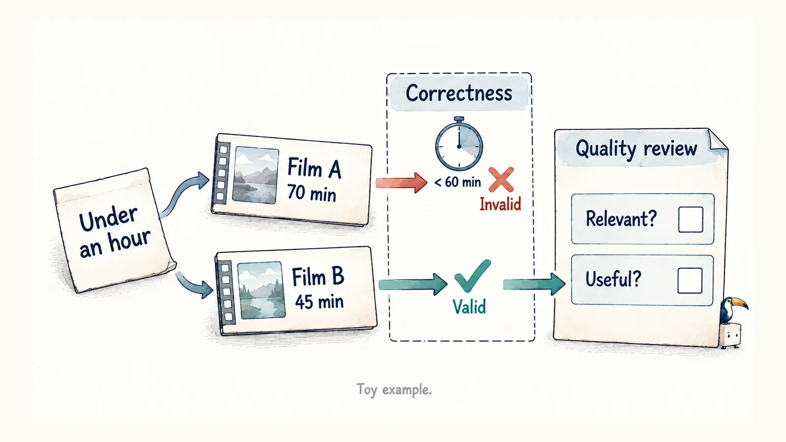 For an under-an-hour request, a 70-minute film fails correctness while a 45-minute film proceeds to separate relevance and usefulness review.