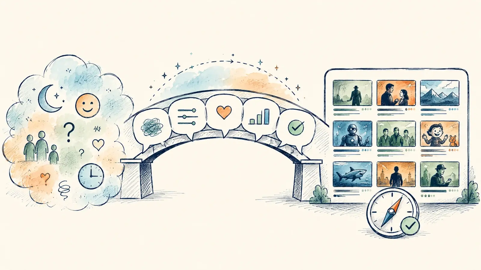 Hand-drawn field-note illustration showing mood, household context, constraints, and catalog results connected through a conversational discovery bridge.