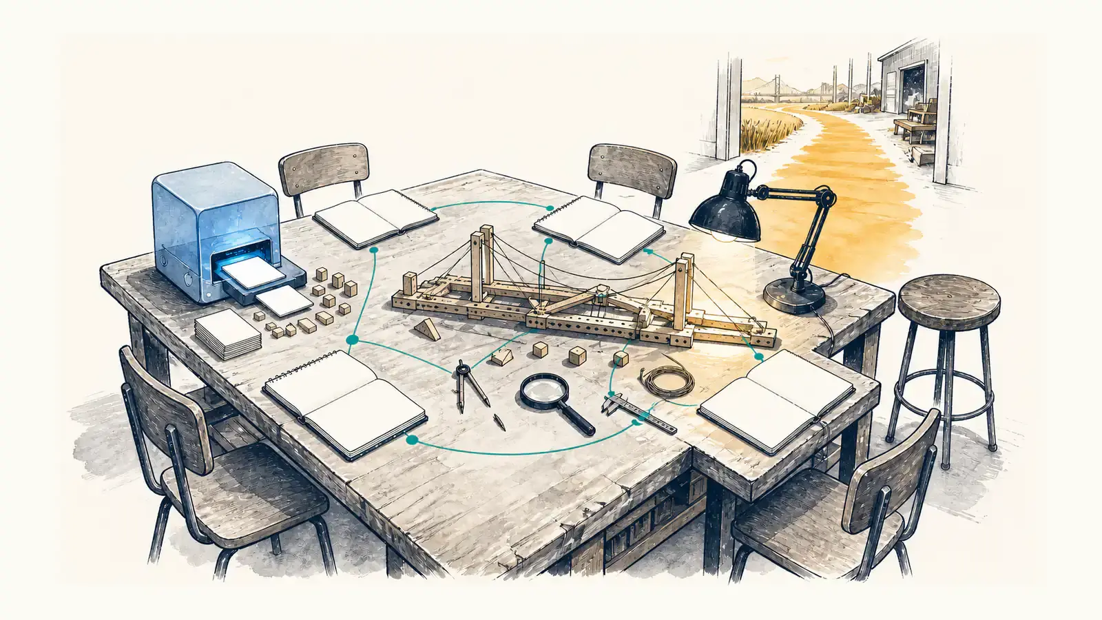 A communal workbench surrounds a bridge prototype, with an AI instrument supplying practice pieces and a mentor's lamp focused on the hardest joint.