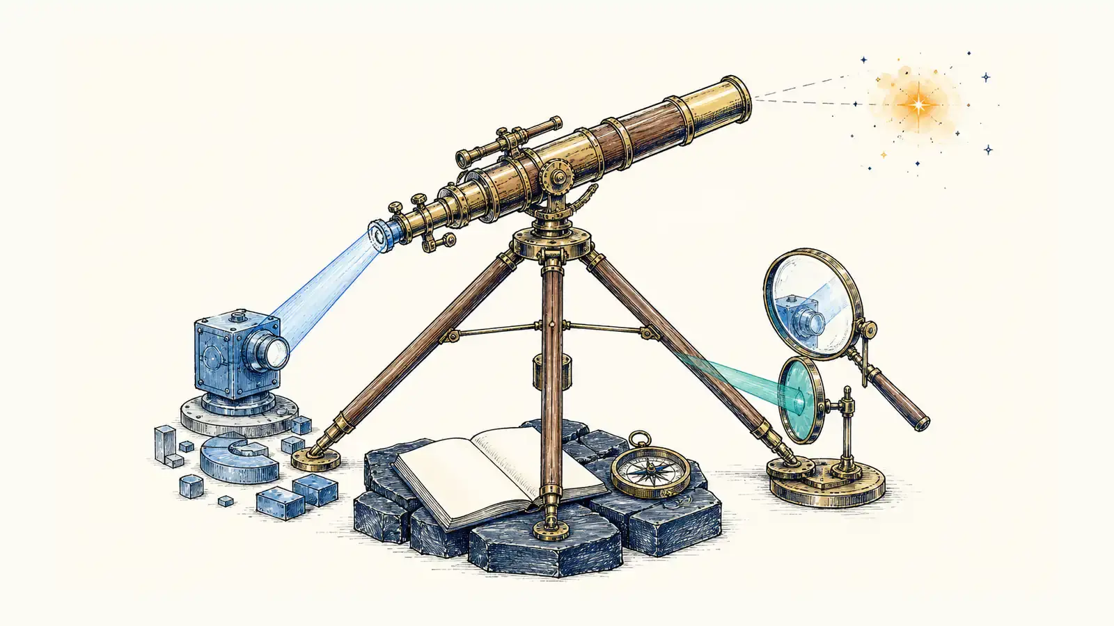 A brass telescope rests on three supports: an AI-assisted adjustment, foundation stones with a blank notebook and compass, and lenses turned back toward the AI instrument.