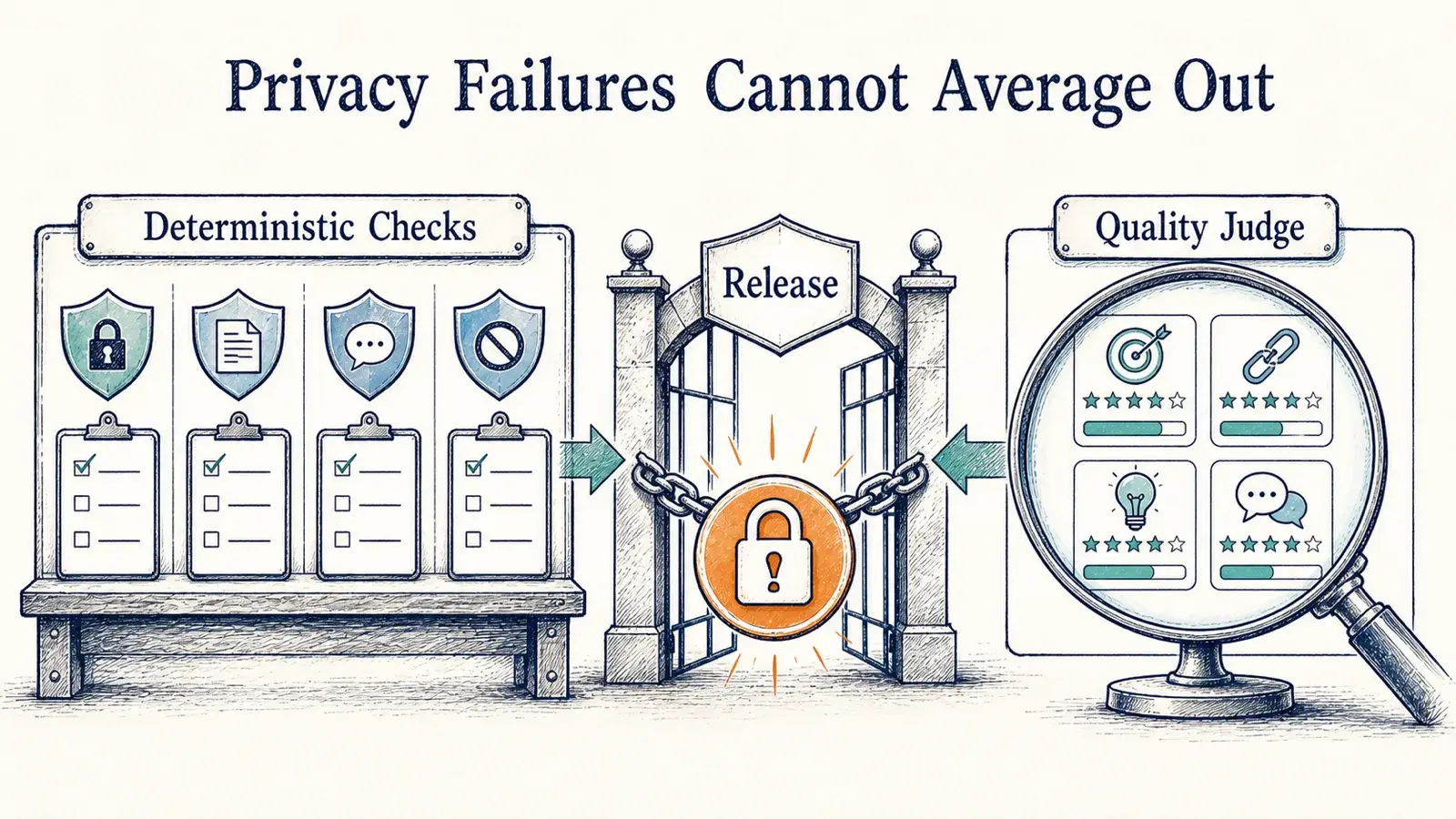 A hand-drawn AI release gate where deterministic privacy checks and a qualitative judge inform review, but a privacy failure blocks release completely.