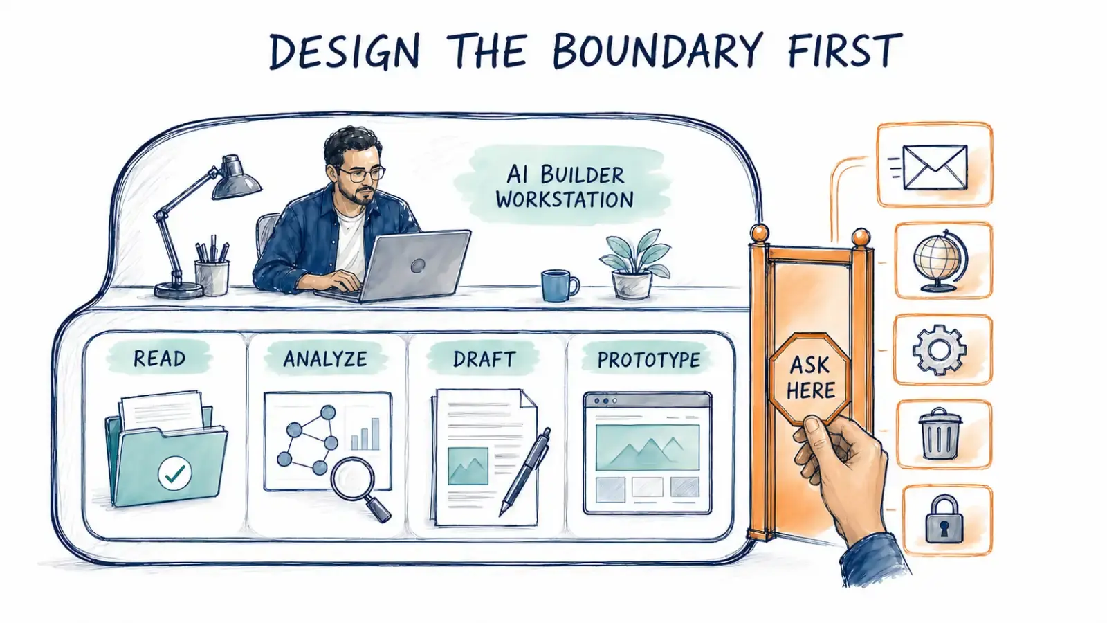 A hand-drawn AI Builder Workstation keeps reading, analysis, drafting, and prototyping inside a bounded workspace, with a human review gate before consequential actions.