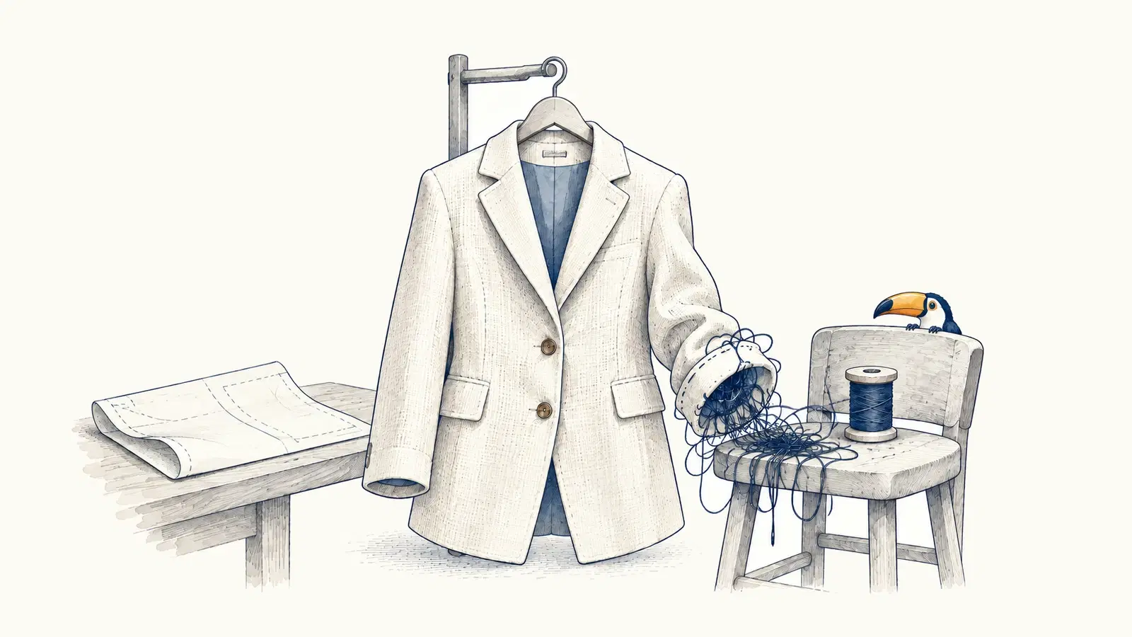 A polished jacket reveals unfinished seams and exposed thread on the reverse side.