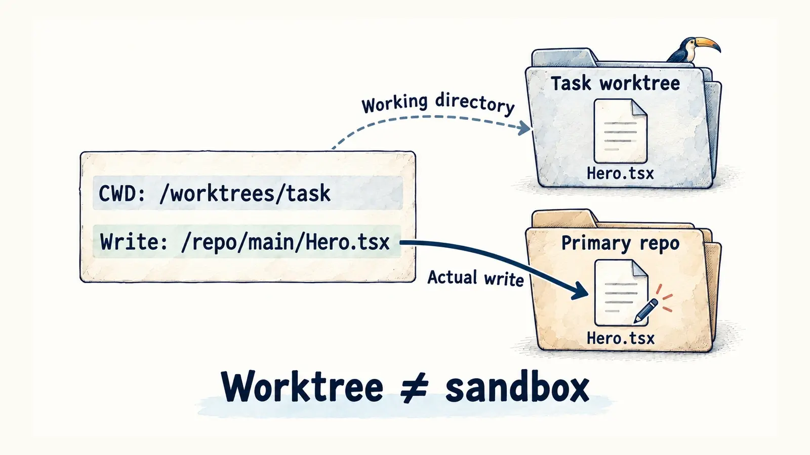 The working directory points to a task worktree, but the absolute write path targets Hero.tsx in the primary repository.