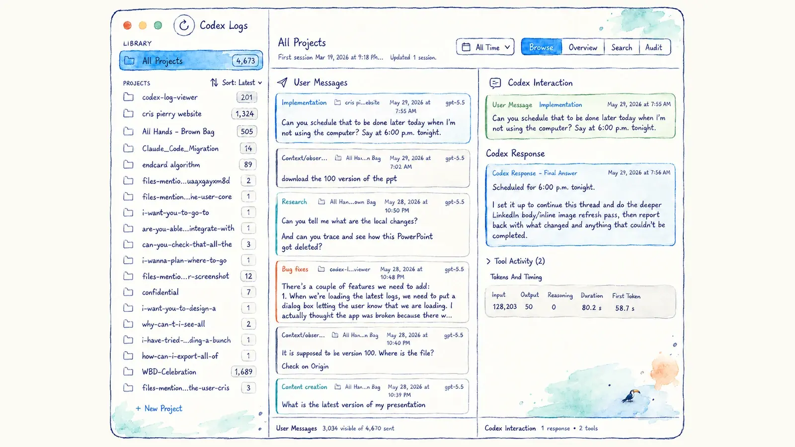 An illustrated Codex log viewer places projects, user messages, code instructions, responses and tool activity side by side.