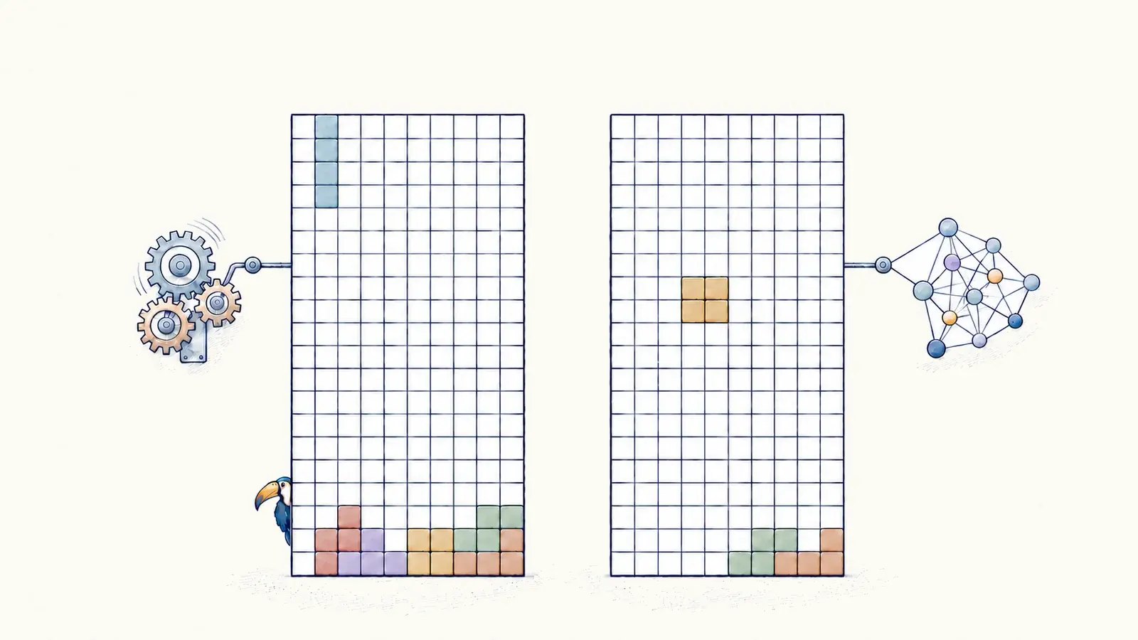 Two Tetris boards show legal pieces, with gears for an algorithm and connected nodes for an AI model.