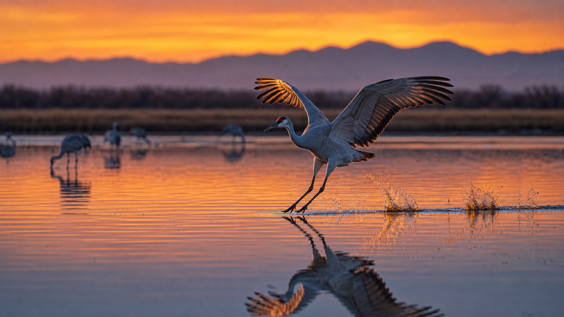 Planning image of cranes landing in evening light at Bosque del Apache