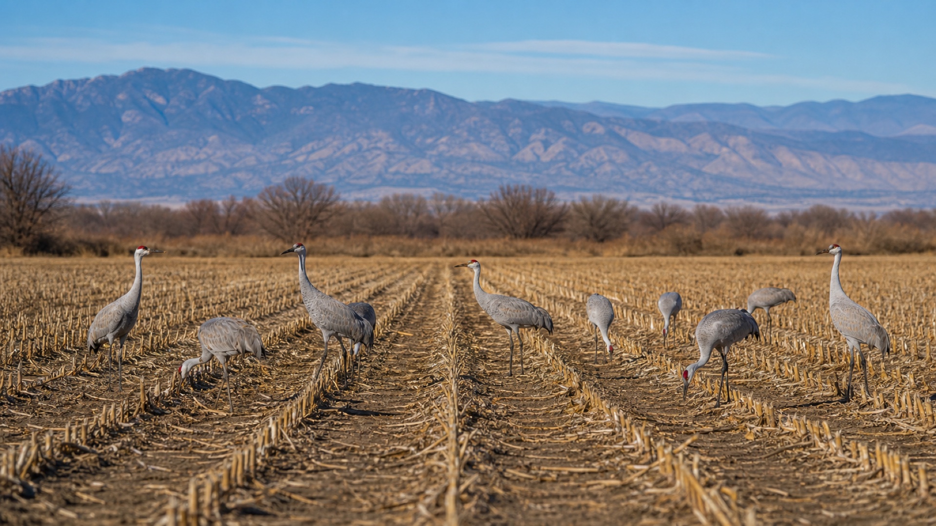 Planning image of cranes feeding in managed farm fields at Bosque del Apache