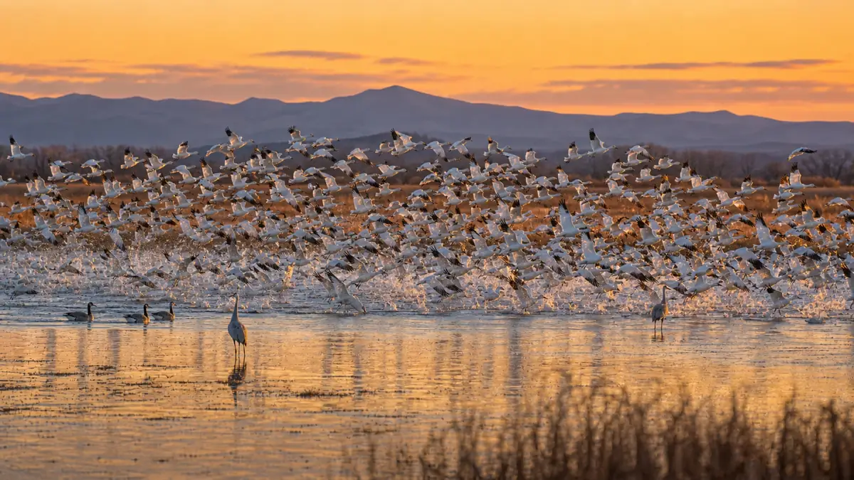 Planning image of a snow goose blast-off over Bosque del Apache water