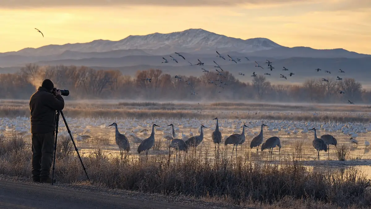 Editorial guide hero showing a winter photographer at Bosque del Apache with cranes, geese, wetlands, dawn mist, and distant mountains